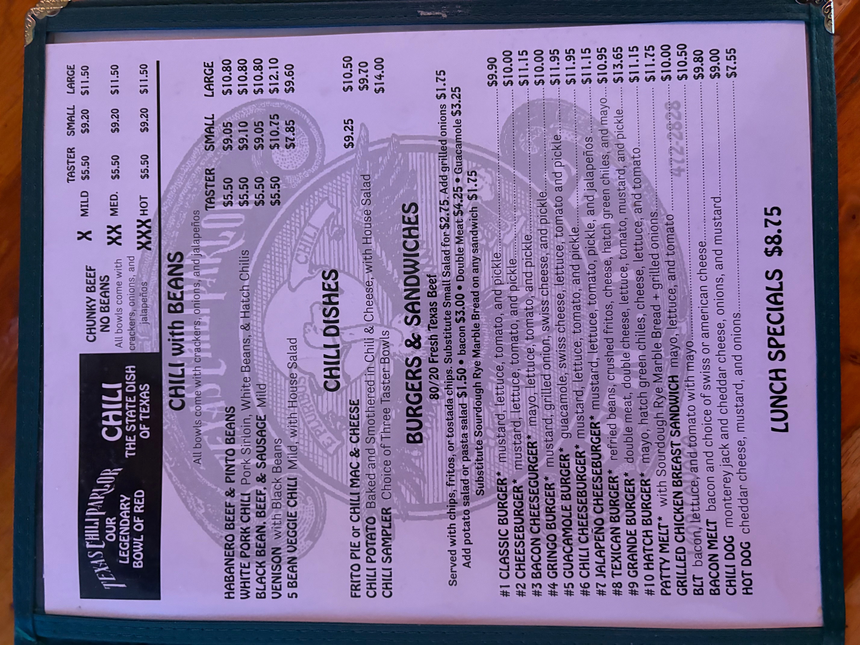 Texas Chili Parlor menu page 3